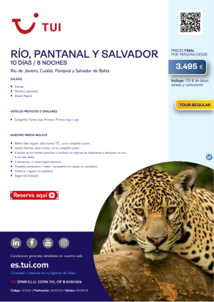 Ro, Pantanal y Salvador. 10 d / 8 n. Tour Regular. Salidas diarias desde MAD desde 3.495 € 