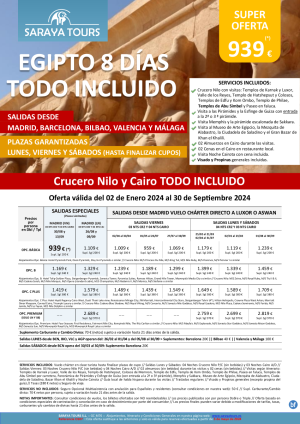 Egipto Todo Incluido 8d! Vuelo directo*Ln-Vn-Sb* Mad, Bcn, Bio, Vlc, Agp *Crz y Cai con visitas y ms dsd 939 € 