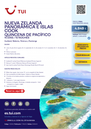 Quincena de Pacfico. Nueva Zelanda Panormica e Islas Cook. 14 d / 10 n. Dto ya aplicado. Desde 4.849 € 