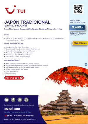 Japn Tradicional. 12 d / 9 n. Tour Regular. Salidas hasta dic desde 3.490 € 
