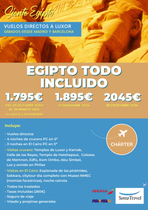 \-EGIPTO Todo Incl.\- 8 das crucero+Cairo+visitas (oct24/mar25) [chrter a Luxor dsde Mad y Bcn] **dsd 1795 € **