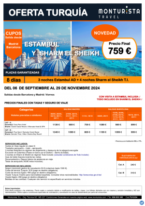 EXCLUSIVO- Estambul y Sharm El Sheikh **desde 759 € - cupos salida desde Bcn y Mad viernes.3n estambul +4n sharm