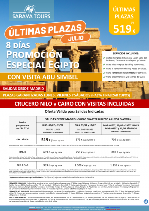 ltimas Plazas Julio: Promo Egipto con Abusimbel dsd 519 € Crz y cai con las Visitas Incl. Plazas limitadas