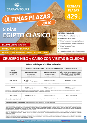 ltimas Plazas Julio: Egipto Clsico dsd 429 € Crz y cai con las Visitas Incl. Plazas limitadas