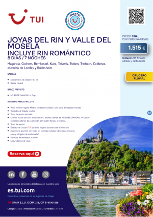 Joyas del Rin y Valle del Mosela. Incluye Rin Romntico. 8 d / 7 n. Easy TUI. Salidas desde MAD desde 1.515 € 