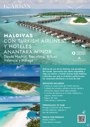 Maldivas con Turkish Airlines y hoteles Anantara-Minor. Desde Madrid, Barcelona, Bilbao, Valencia y Mlaga
