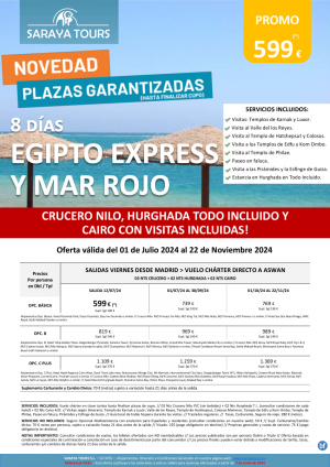 NUEVO! Egipto Express y Mar Rojo 8d Salida viernes dsd Mad*Crz, Hurghada y Cairo con visitas Incl.* dsd 599 € 
