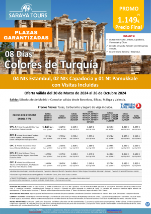 Exclusivo! Colores de Turqua 8das *Cupos Mad-Bcn-Bio-Agp-Vlc* Circuito con Visitas Incluidas hasta Octubre