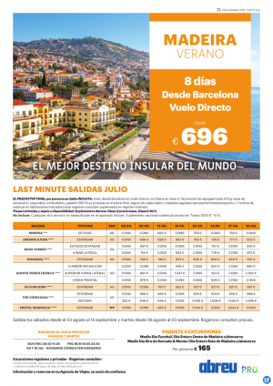 Madeira desde Barcelona directo salidas Jul a Sep 696 € pvp final