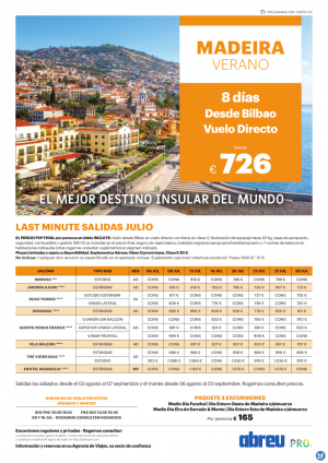 Madeira desde Bilbao directo salidas Jul a Sep 726 € 