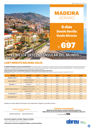 Madeira desde Sevilla directo salidas Jul a Sep 697 € 