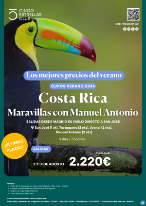 OFERTA!!! Costa Rica Maravillas con Manuel Antonio desde 2.220 € salidas Agosto:3 y 17 en lnea regular