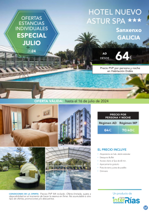 Especial Julio Hotel Nuevo Astur Spa 3* (Sanxenxo - Galicia).- Hoteles para Individuales