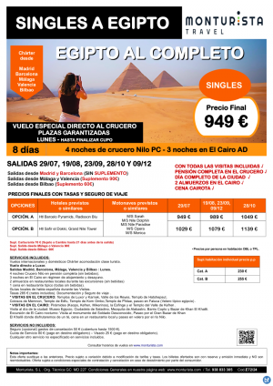 Especial SINGLES Egipto al Completo salidas Mad, Bcn, Agp, Vlc, Bio vuelo charter lunes desde 949 € 