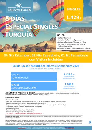 Exclusivo! Singles a Turqua 8 d! Circuito visitas incluidas: Estambul, Capadocia, Pamukkale y ms hasta Dec24