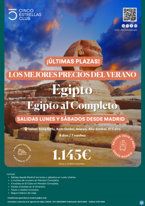 NUEVA OFERTA Egipto desde 1.145 € Egipto al completo 8d/7n salidas lun. y sb. julio-septiembre desde Madrid