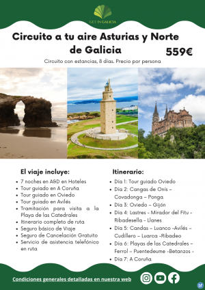 Circuito a tu aire Asturias/Norte de Galicia. En coche propio o de alquiler. 8 das/7 noches en Hoteles. 559