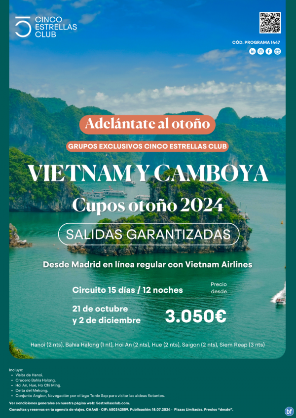 NUEVA OFERTA! Vietnam & Camboya 3.050 € 15d/12n salidas 21oct y 02dec desde madrid con Vietnam Airlines