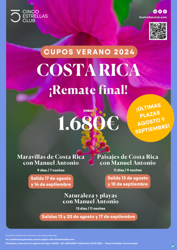 REMATE FINAL!! Costa Rica dsd 1.680 € prog 9d/7n 11d/9n 13d/11n sal dsd Madrid  ago:13,17,20, Sept: 10,14,17