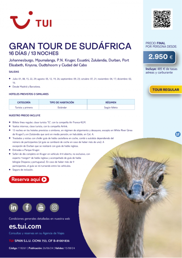 Gran Tour de Sudfrica. 16 das / 13 noches. Salidas desde MAD y BCN hasta 16 DIC. Precio final desde 2.950 € 