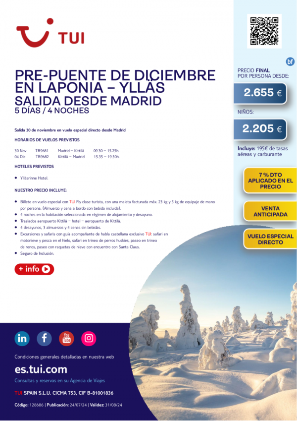 Pre-puente Diciembre en Laponia-Ylls desde MAD. 5  d/4 n. Salida 30 NOV en vuelo directo Precio desde 2.655 € 