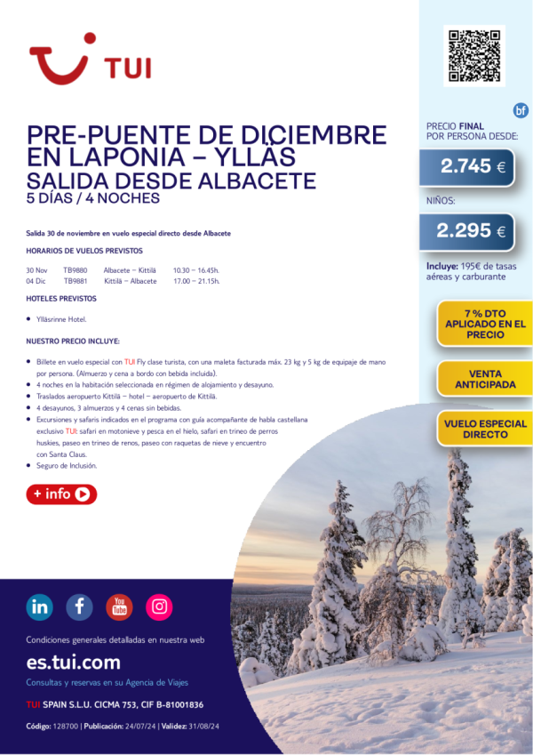 Pre-puente Diciembre en Laponia-Ylls desde Albacete. 5d/4n. Salida 30 NOV en vuelo directo desde 2.745