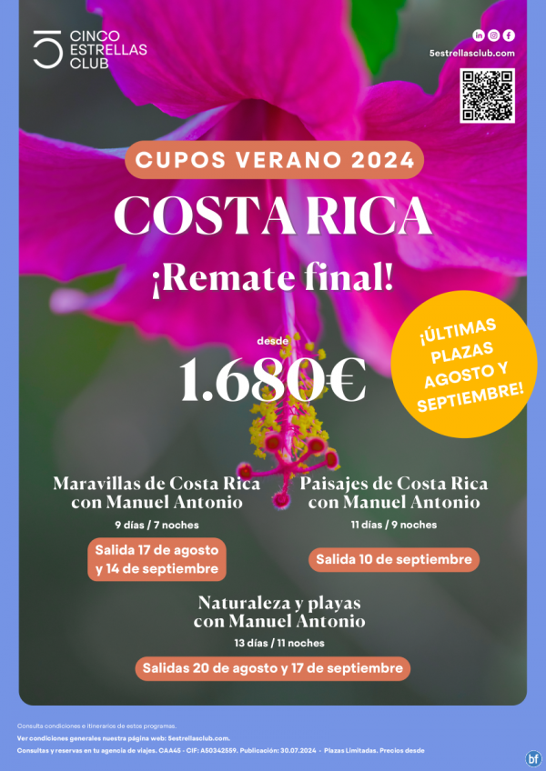 REMATE FINAL!! Costa Rica dsd 1.680 € prog 9d/7n 11d/9n 13d/11n sal dsd Madrid ago: 17,20, Sept: 10,14,17