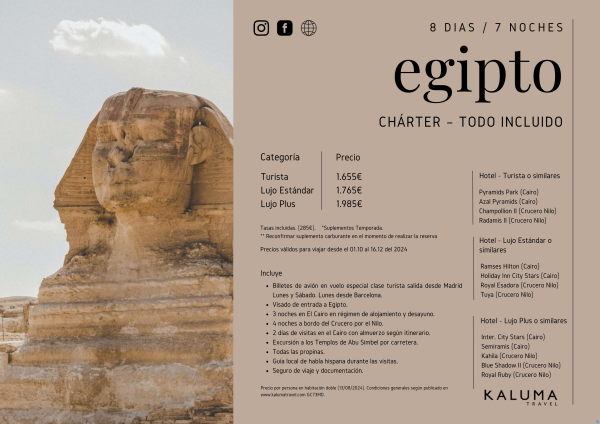 Charter Egipto Todo Incluido - Salidas desde Barcelona y Madrid Octubre-Diciembre desde 1.655 € 