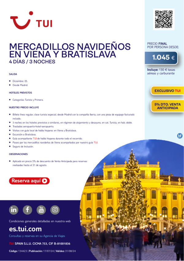 Mercadillos Navideos en Viena y Bratislava. 4 d / 3 n. Exlusivo TUI. 5% Dto. 05 DIC desde MAD desde 1.045 € 