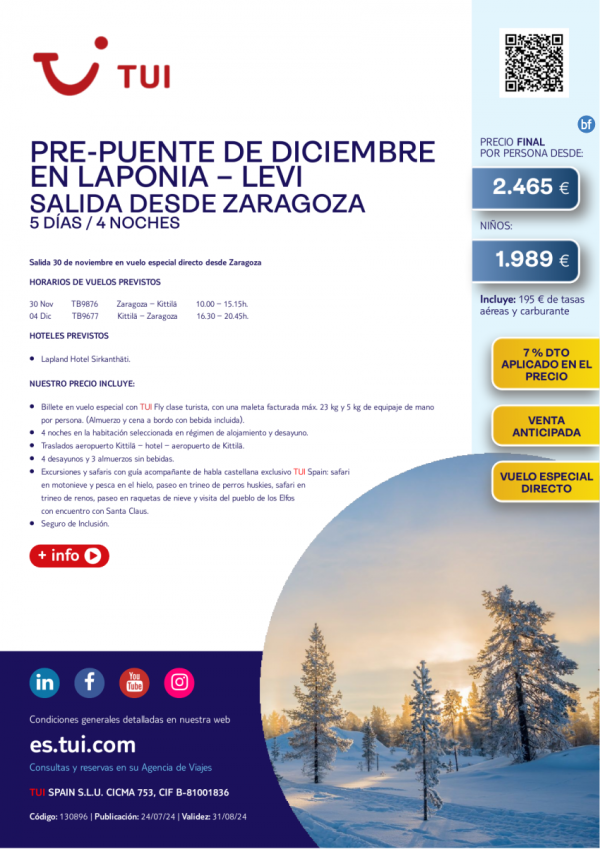 Pre-Puente de diciembre en Levi. 5 d / 4 n. 7% Dto VA. 30 nov en vuelo directo desde ZAZ desde 2.465 € 