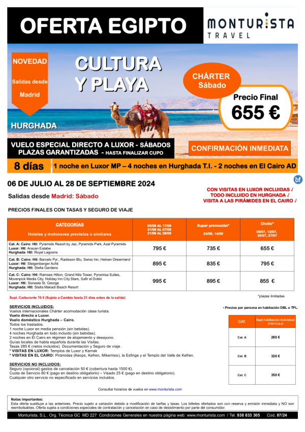 NEW Egipto-Cultura y Playa**desde 655 € --salida MAD Sbado Chrter a Luxor, 1nLuxor+4n Hurghada+2nCai+visitas