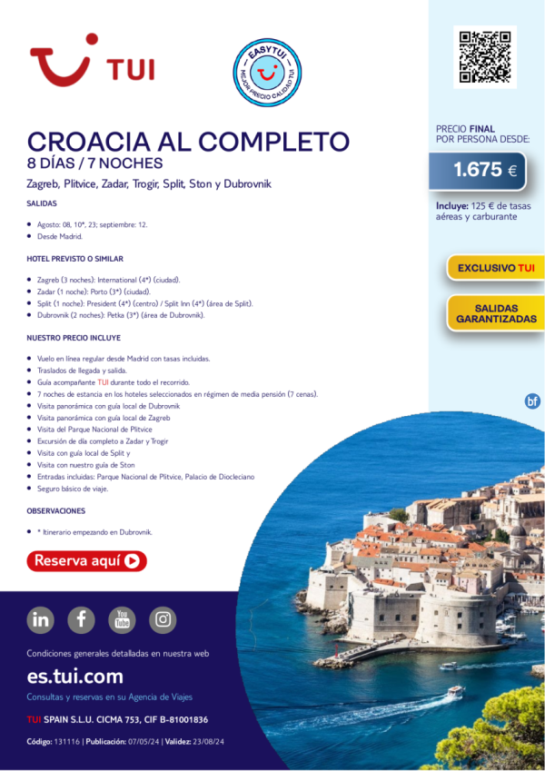 Croacia al Completo. 8 d / 7 n. Exclusivo TUI. Easy TUI. Salidas Garantizadas desde MAD desde 1.675 € 