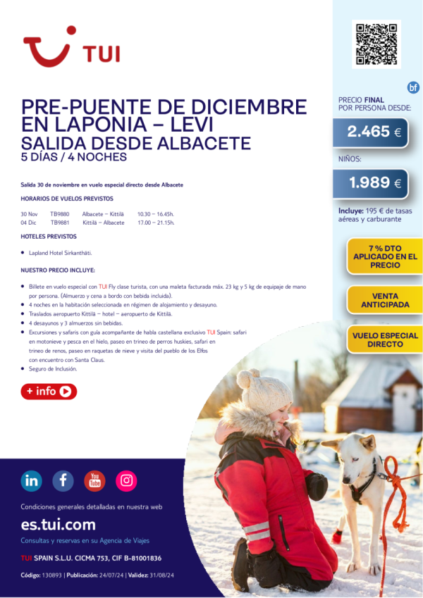 Pre-Puente de diciembre en Levi. 5 d / 4 n. 7% Dto VA. 30 nov en vuelo directo desde ABC desde 2.465 € 