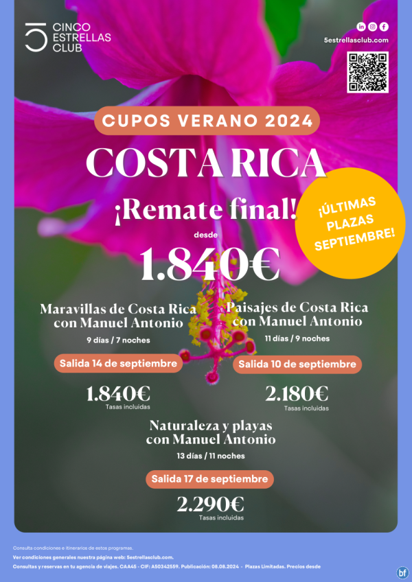 Remate Final Septiembre !! Costa Rica dsd 1.840 € prog 9d/7n, 11d/9n , 13d/11n, sal Sept: 10,14,17 desde Madrid