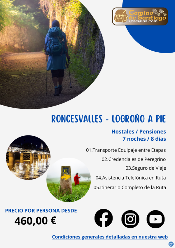 Roncesvalles - Logroo a Pie. Camino Francs. Hostales/Pensiones. 7 Noches/8 Das. Fechas: A su eleccin. 460 € 