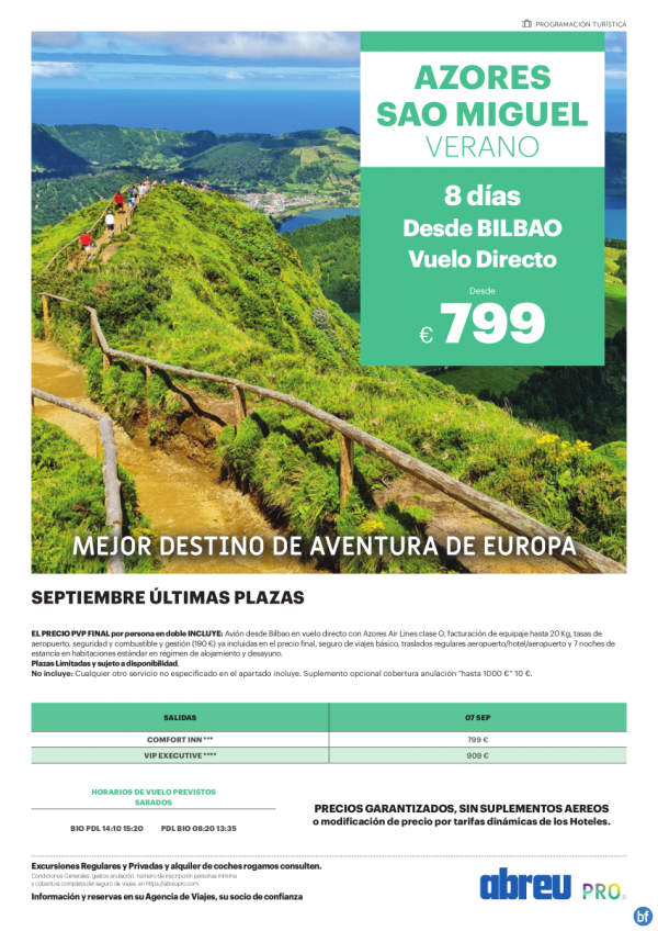 AZORES desde Bilbao ultimas plazas salida 07 Sep 799 € 