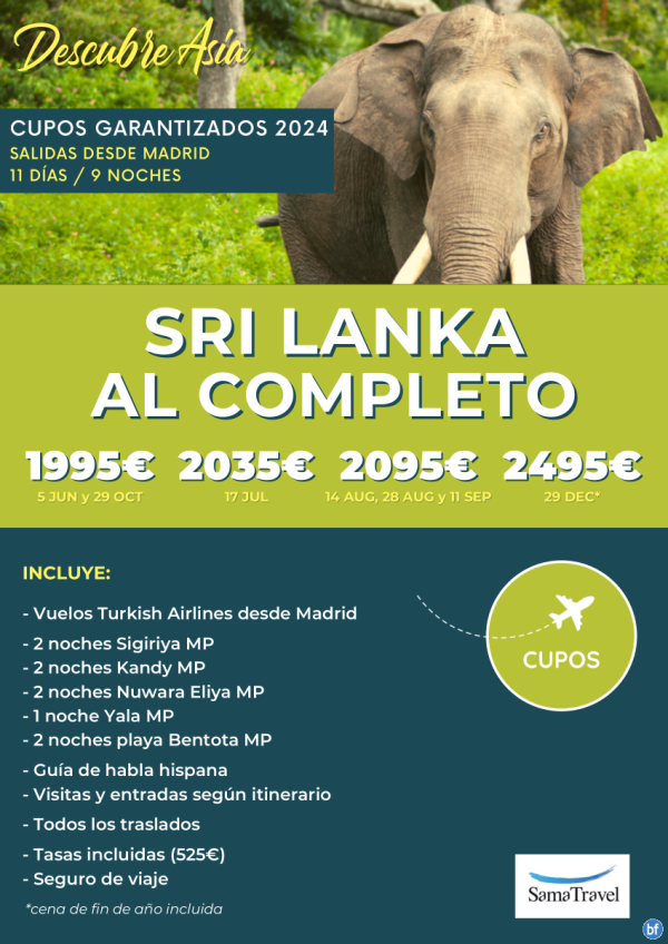 \-SRI LANKA al Completo\-: Circuito 11 das - Cupos Garantizados de Madrid de Julio a Diciembre **desde 1.995 € **