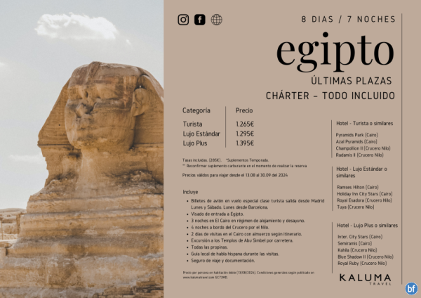 Charter Egipto Todo Incluido \-Ultimas Plazas\- - Salidas Barcelona y Madrid hasta Septiembre desde 1.265 € 