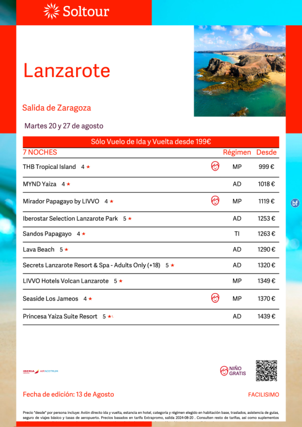 Lanzarote desde 999 € , salidas 20 y 27 de Agosto desde Zaragoza