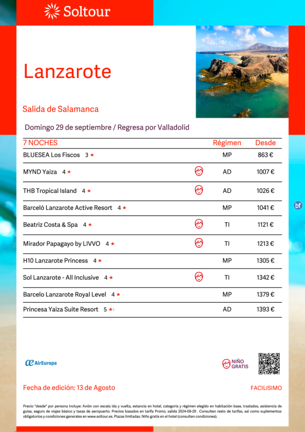 Lanzarote desde 863 € , salida 29 de Septiembre desde Salamanca