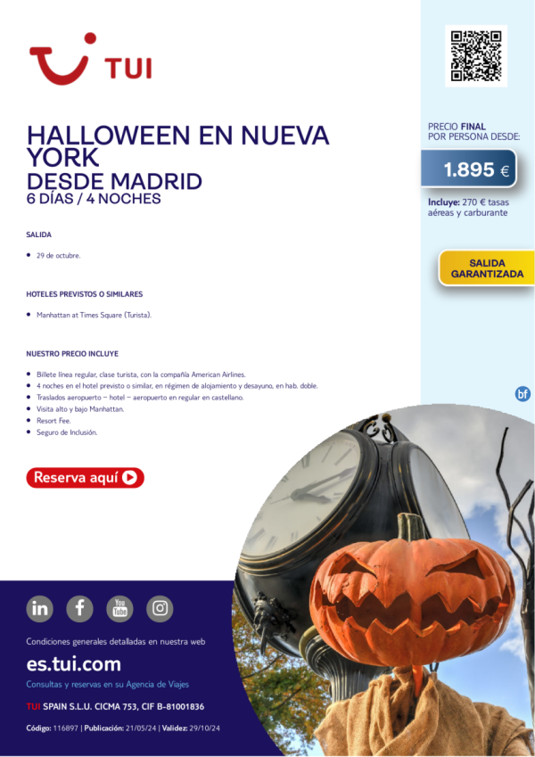 Nueva York. Halloween en Nueva York. 6 d / 7 n. Salida Garantizada 29 oct desde MAD desde 1.895 € 