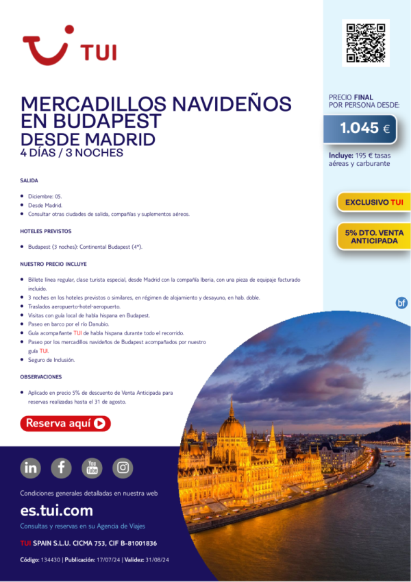 Mercadillos Navideos en Budapest. 4 d / 3 n. Exclusivo TUI. 5 % Dto VA. 05 dic desde MAD desde 1.045 € 