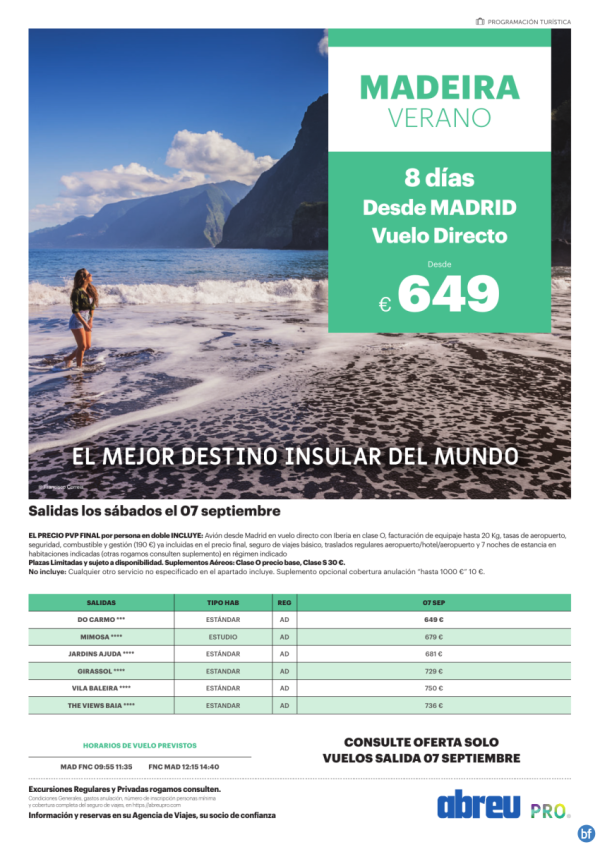 MADEIRA remate final ultimas plazas desde Madrid 07 Sep 649 € 