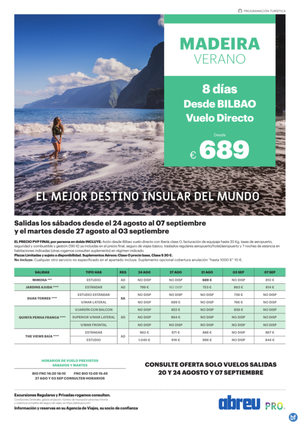 MADEIRA remate final vuelos directos  desde Bilbao salidas 24 Ago a 07 Sep 689 € 