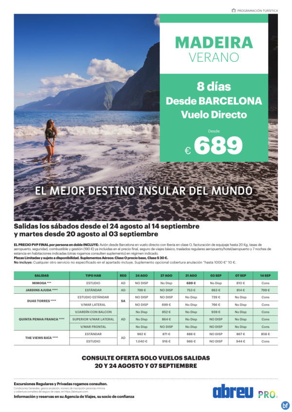 MADEIRA remate final vuelos directos desde Barcelona salidas 24 Ago a 07 Sep 689 € 