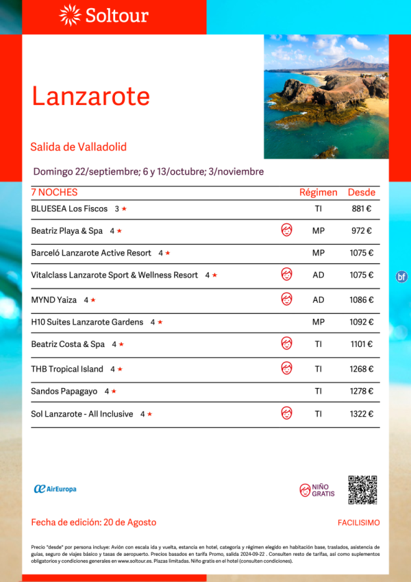 Lanzarote -Salidas 22 Sep, 6 y 13 Oct y 3 Nov desde Valladolid