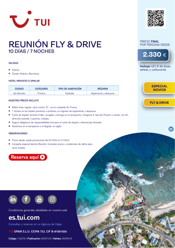 Islas del ndico. Reunin Fly&Drive. 10 d / 7 n. Novios .Salidas diarias desde MAD y BCN desde 2.330 € 