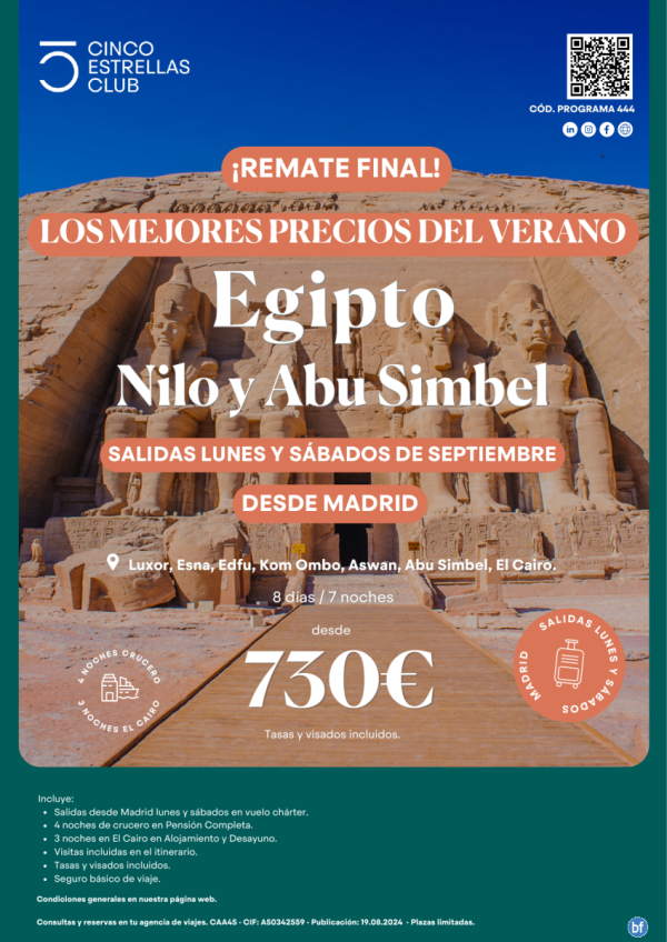 Remate final Septiembre!!!! Egipto, 730 € precio final - Nilo y Abu Simbel 8d/7n lunes y sbados desde Madrid