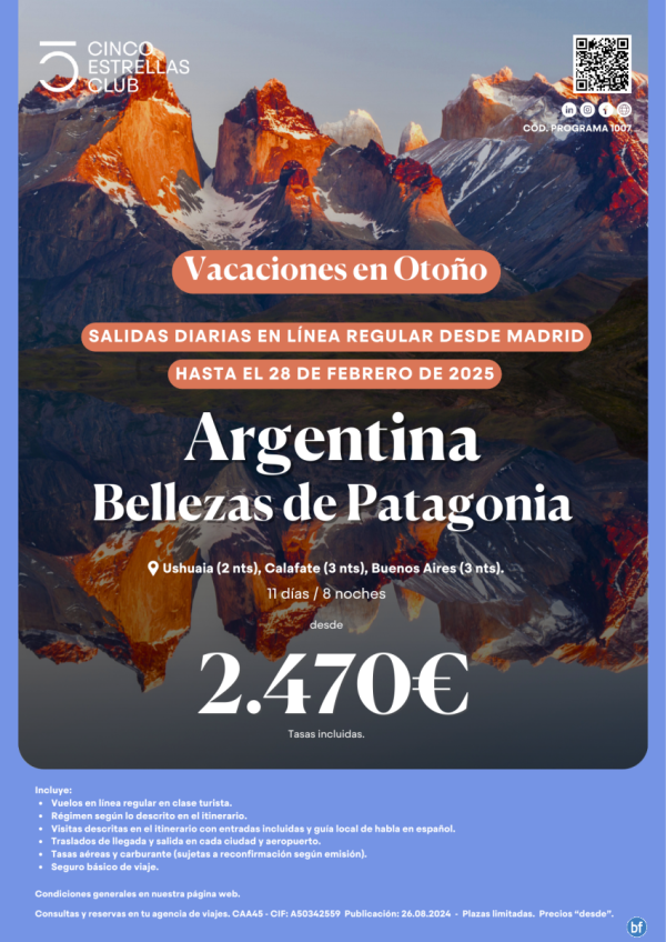 NOVEDAD!! Vacaciones en Otoo-Argentina, Bellezas de Patagonia dsd 2.470 € 11d/8n salidas diarias desde Madrid