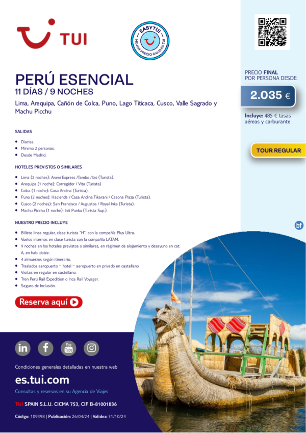 Per Esencial. 11 d / 9 n. Tour Regular. Easy TUI. Salidas diarias desde MAD desde 2.035 € 